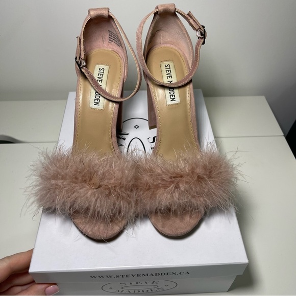 Steve Madden women's pink taupe Carabu fluffy coquette block heel sandals in 7.5 - Picture 6 of 11